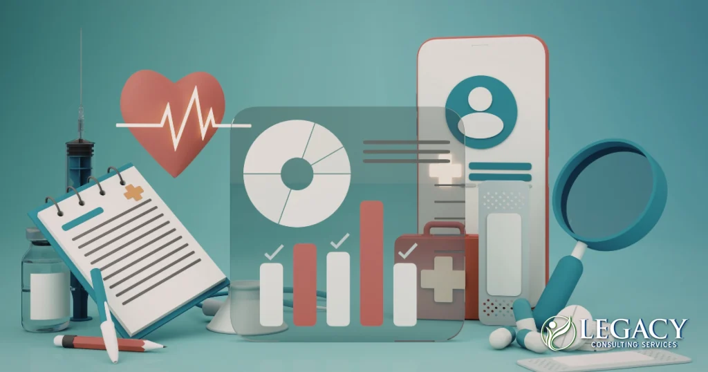 a graphic image of healthcare tools, graphs and charts featuring data used by healthcare organizations
