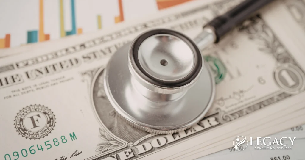 charts, graphs, dollars and a stethoscope to represent revenue and operations at healthcare organizations