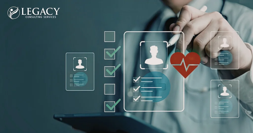 a doctor using a pen to check off data and patient information at a healthcare organization