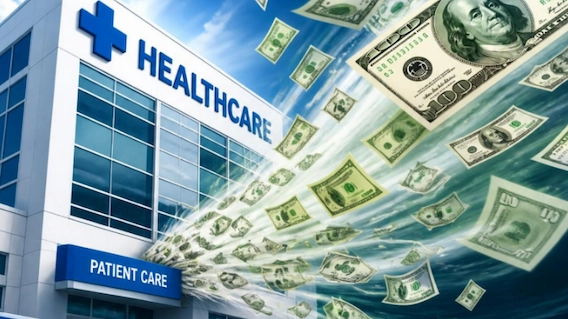 picture of a healthcare facility with $100 bills flying out of the patient care door, signifying loss of revenue